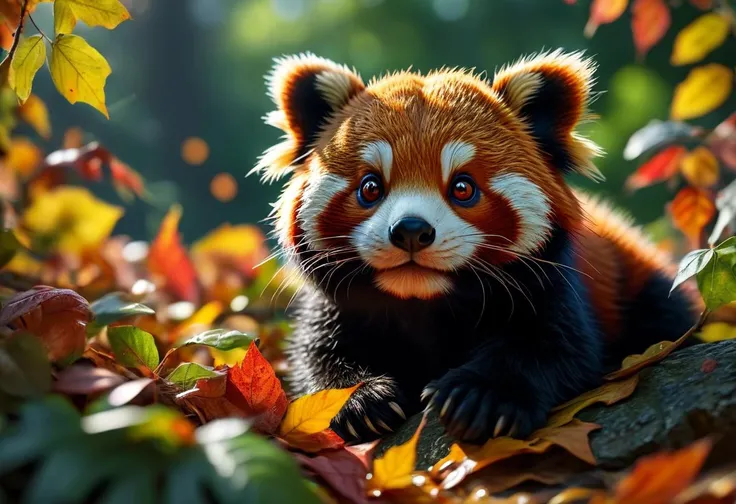 super cute black  fluffy red panda, little panda, lovely , lie on leafs, vivid colors, colorfull, autumn ,source_realsitic, realistic, photorealisitc,  masterpiece , best quality,  BREAK, perfect detailed face, intricated skin,   realistic,  extremely detailed,, dark shadows,, hard light hard shadows, , shallow depth of field, vignette, highly detailed, 8k, best quality, dark, rim lights, cinematic shadows, ultra sahrp, ultra clear ,  score_9, score_8_up, score_7_up,    <lora:detailed_notrigger:1> dark shadows