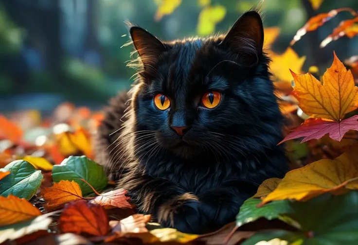 super cute black fluffy cat, lovely , lie on leafs, vivid colors, colorfull, autumn ,source_realsitic, realistic, photorealisitc, masterpiece , best quality, BREAK, perfect detailed face, intricated skin, realistic, extremely detailed,, dark shadows,, hard light hard shadows, , shallow depth of field, vignette, highly detailed, 8k, best quality, dark, rim lights, cinematic shadows, ultra sahrp, ultra clear , score_9, score_8_up, score_7_up, <lora:detailed_notrigger:1> dark shadows