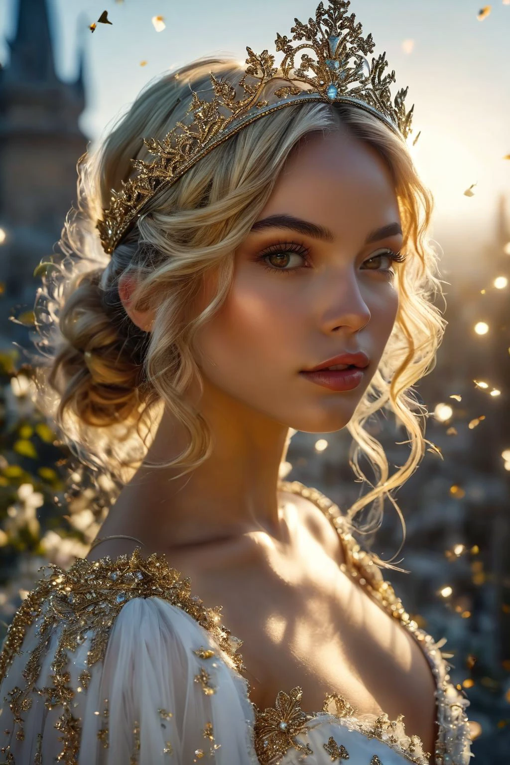 Full body photography by Hegre,Aerial view Extreme Close shot,ultra realistic 8k, picture-perfect face, flawless, clean, masterpiece, cinematic lighting, cinematic bloom, perfect face, beautiful face, extremely detailed eyes, a woman in a (white dress) standing outside, golden tiara, perfect female waist, (dynamic pose), stars, hyperrealistic photography, extremely detailed CG unity 8k wallpaper, HDR, RAW photo, dslr, intricate detail, cute, magical, enchanting, parted lips, vibrant lighting, vibrant colors, (masterpiece, best quality, ultra-detailed, best shadow) short hair, blonde hair, laced hair