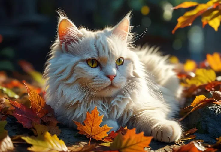 super cute white fluffy cat, lovely , lie on leafs, vivid colors, colorfull, autumn ,source_realsitic, realistic, photorealisitc, masterpiece , best quality, BREAK, perfect detailed face, intricated skin, realistic, extremely detailed,, dark shadows,, hard light hard shadows, , shallow depth of field, vignette, highly detailed, 8k, best quality, dark, rim lights, cinematic shadows, ultra sahrp, ultra clear , score_9, score_8_up, score_7_up, <lora:detailed_notrigger:1> dark shadows