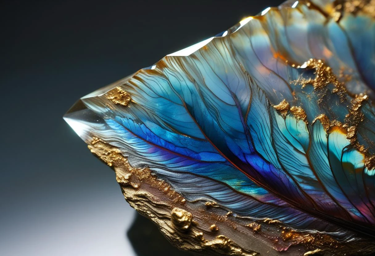 ((extremally close shoot)) (macro shoot), Harpy's Wing Agate: A gemstone with a shimmering, iridescent appearance, believed to be a feather from a harpy's wing turned to stone. BREAK, realistic, ((photorealistic)), extremely detailed, glass reflection, dark shadows, hard light hard shadows, shallow depth of field,highly detailed, high budget Hollywood film, , ((darkfull )) , detailed, focus on material