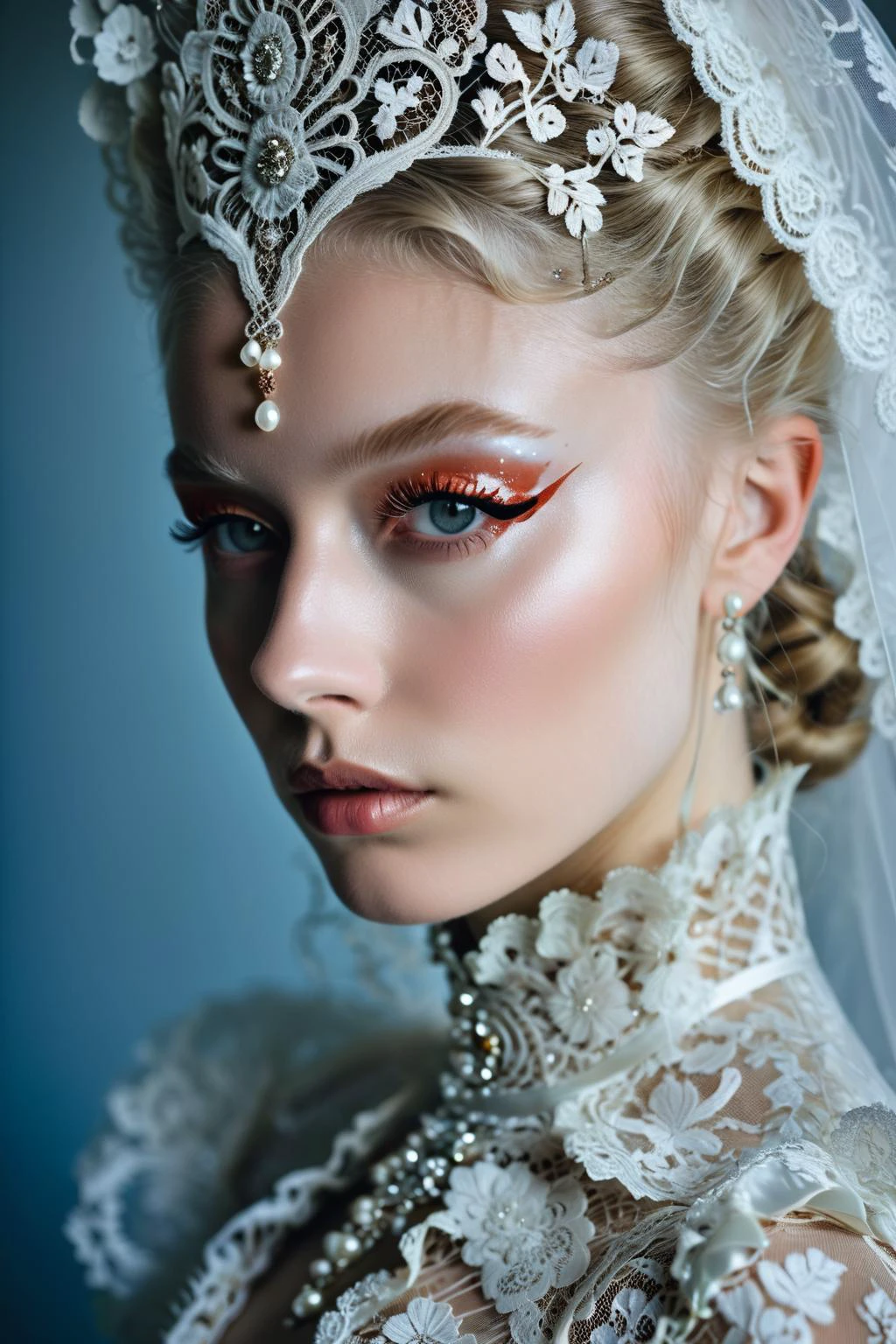Extreme close portrait of the rococo and lace futuristic bride, 18 year old nordic