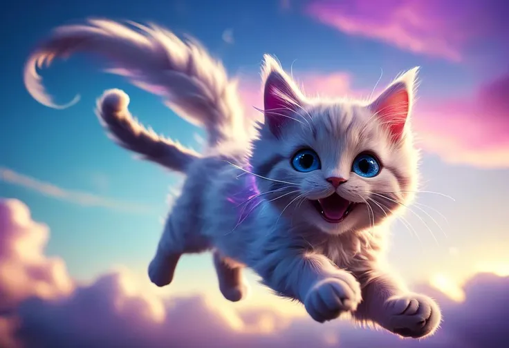 ((cinemtic shoot)) ((close shoot))  A whimsical illustration of a flying cat, soaring through the air with its tail streaming behind it. The cat is white and fluffy, with big, blue eyes and a mischievous smile. The background is a swirling sky of pink and purple clouds, with stars twinkling in the distance.  BREAK,  realistic, ((photorealistic)) rim lights, dark shadows, cinematic scene , movie shoot  , dark, , , extremely detailed, glass reflection, dark shadows, hard light hard shadows, ,, shallow depth of field, vignette, highly detailed, high budget Hollywood film, cinemascope, moody, epic, gorgeous, detailed background ,  ((darkfull )) , detailed