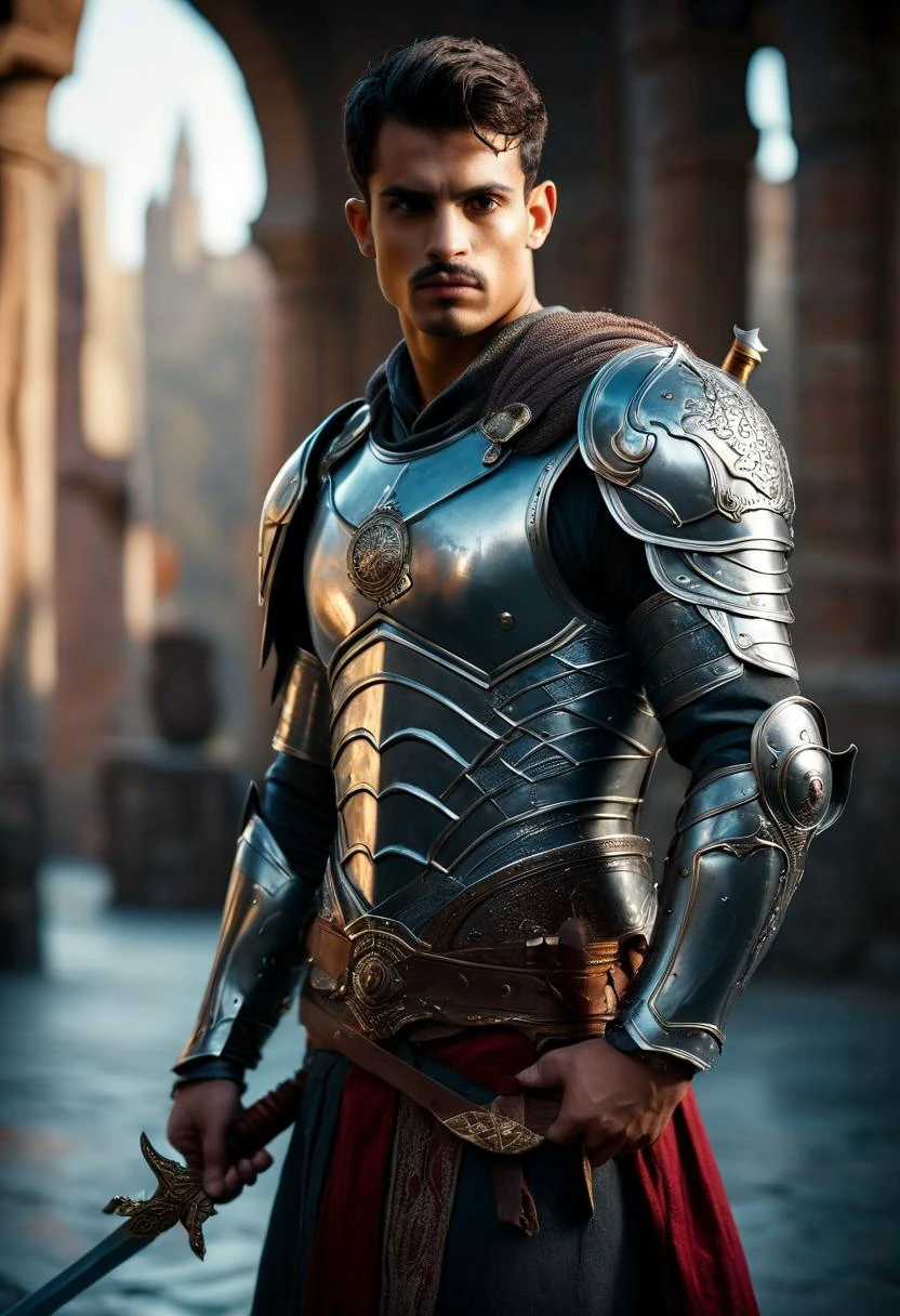 ((raw photo)),((full body shoot:1.3)) (wide angle), ((focus on character)), photo of beautiful young man from Middle Easterner hungry he is a warrior in metal armor , with ((sword )) , BREAK, perfect detailed face, intricated skin, realistic, ((photorealistic)) rim lights, dark shadows, cinematic scene , movie shoot , dark, zPDXL , , defined muscles, extremely detailed, glass reflection, dark shadows, detailed hands, (realistic fingers:1.3), hard light hard shadows, ,vellus,subcutaneous veins,, shallow depth of field, vignette, highly detailed, high budget Hollywood film, cinemascope, moody, epic, gorgeous, expolsions in background , darkfull , bare feets , detailed realistic toes