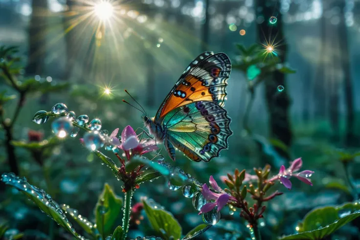 A butterfly with transparent crystal wings perched on a jade flower, dewdrops reflecting prismatic sparkles, all in a forest clearing where dawn light filters through the mist