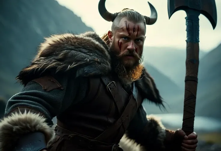 ((raw photo)), cinematic film still ((Top-Down Perspective shot)) , photo of Ragnar Bloodfist - A mighty Viking warrior in a fur-lined tunic, wielding a massive battle-axe. , perfect detailed face, intricated skin, realistic, ((photorealistic)) rim lights, dark shadows, cinematic scene , movie shoot , dark, zPDXL <lora:add-detail-xl:1> , (((very long hair))), face in the shadow, defined muscles, extremely detailed, glass reflection, dark shadows, detailed hands, (realistic fingers:1.3), hard light hard shadows, ,vellus,subcutaneous veins,, shallow depth of field, vignette, highly detailed, high budget Hollywood film, cinemascope, moody, epic, gorgeous,