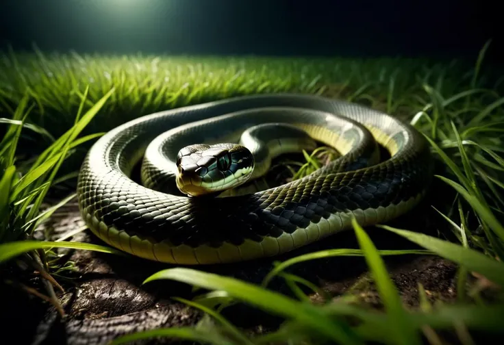((raw photo)), cinematic film still , European Grass Snake (Natrix natrix): A non-venomous snake with a greenish-brown or gray back and a yellowish belly, often found near water sources. ,animal, realistic, ((photorealistic)) rim lights, dark shadows, cinematic scene , movie shoot , dark, zPDXL , , extremely detailed, glass reflection, dark shadows, detailed hands, (realistic fingers:1.3), hard light hard shadows,, shallow depth of field, vignette, highly detailed, high budget Hollywood film, cinemascope, moody, epic, gorgeous,