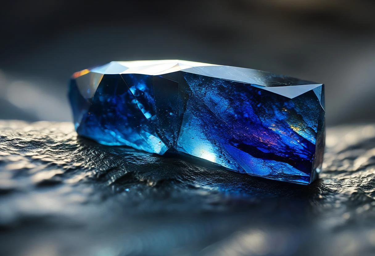 ((extremally close shoot)) (macro shoot), Basilisk Scale Sapphire: A deep blue gemstone with an iridescent quality, believed to be a petrified scale of a basilisk. BREAK, realistic, ((photorealistic)), extremely detailed, glass reflection, dark shadows, hard light hard shadows, shallow depth of field,highly detailed, high budget Hollywood film, , ((darkfull )) , detailed, focus on material