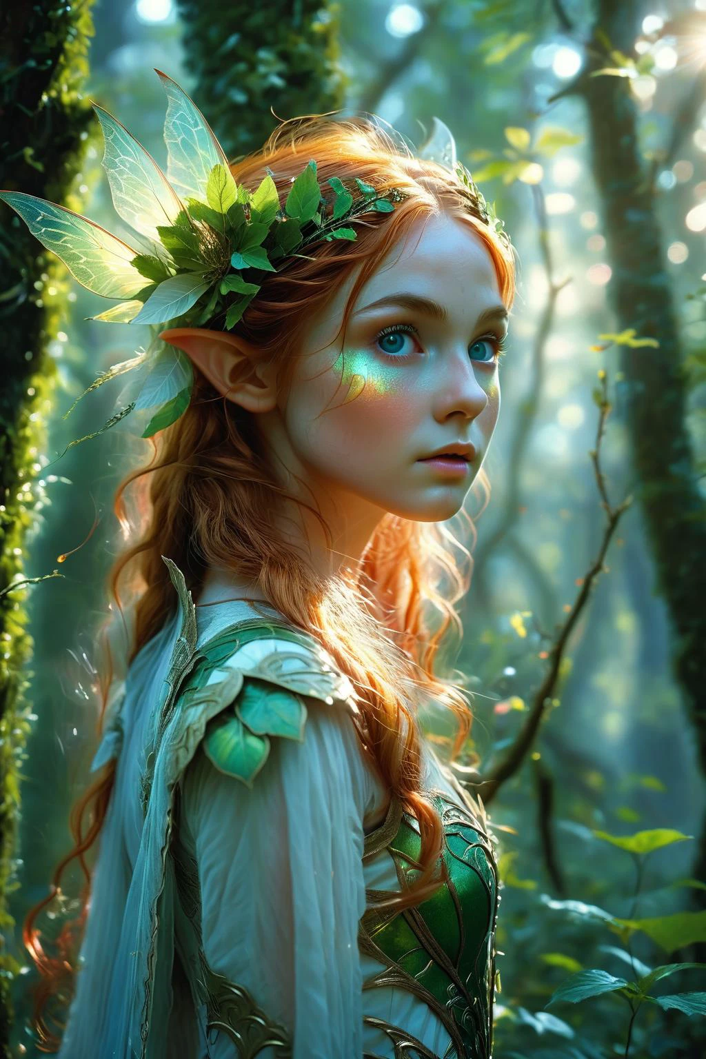 "Enchanted Clearing: Position in a magical clearing, surrounded by dappled sunlight and greenery", (Best quality, 4k, High-resolution, Masterpiece:1.2), Ultra-detailed, Realistic, Radiant lighting, ages in mid twenties, Epoch Elves, Portraits, Fantastical colors, Fine art, Ethereal beings, Dreamlike, Whimsical creatures, Detailed facial features, Glowing eyes, Elven beauties, Ethereal glow, Mythical creatures, Harmonious composition, Dazzling colors, Stunning visual effects, Otherworldly appearance, Mesmerizing artistry, <lora:EleonoraV2:.9>