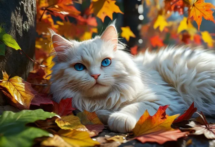 super cute white fluffy cat, lovely , lie on leafs, vivid colors, colorfull, autumn ,source_realsitic, realistic, photorealisitc, masterpiece , best quality, BREAK, perfect detailed face, intricated skin, realistic, extremely detailed,, dark shadows,, hard light hard shadows, , shallow depth of field, vignette, highly detailed, 8k, best quality, dark, rim lights, cinematic shadows, ultra sahrp, ultra clear , score_9, score_8_up, score_7_up, <lora:detailed_notrigger:1> dark shadows