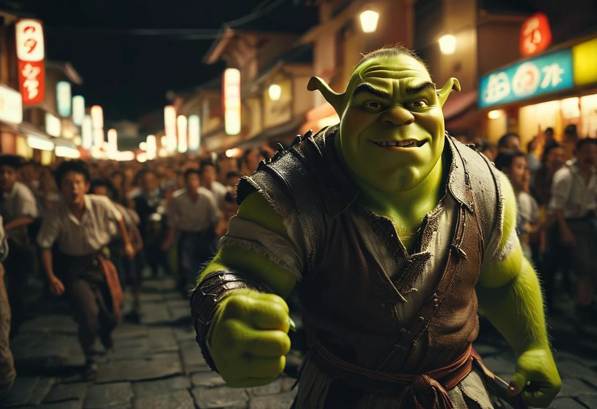 ((raw photo)), cinematic film still ,panic in summer festival in kioto, runing, horror scene ,angry shrek invade party, attack with twohanded sword, scare crowd, crowd panic ((panic:1.4))tourists, summer festival in kioto, crowd of scared peoples, realistic, ((photorealistic)) rim lights, dark shadows, cinematic scene , movie shoot , dark, zPDXL , , extremely detailed, glass reflection, dark shadows, detailed hands, (realistic fingers:1.3), hard light hard shadows,, shallow depth of field, vignette, highly detailed, high budget Hollywood film, cinemascope, moody, epic, gorgeous,