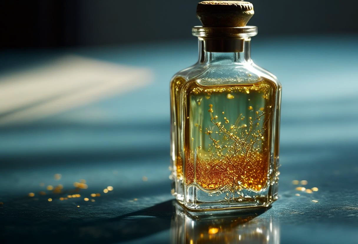 ((extremally close shoot)) (macro shoot), Elixir of Eternal Youth - A small, ornate vial containing a radiant liquid that glows with an inner light. When consumed, the elixir leaves a trail of golden sparks in the drinker's wake. BREAK, realistic, ((photorealistic)), extremely detailed, glass reflection, dark shadows, hard light hard shadows, shallow depth of field,highly detailed, high budget Hollywood film, , ((darkfull )) , detailed, focus on material