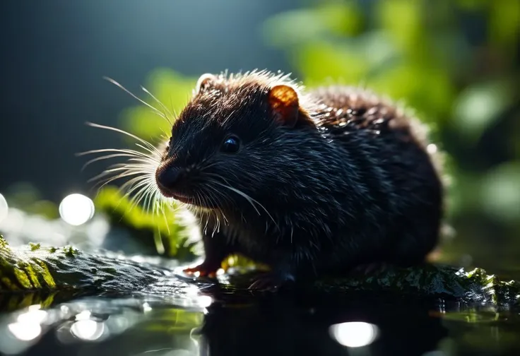 ((cinemtic shoot)) ((close shoot)) European Water Shrew (Neomys fodiens): A semi-aquatic mammal with a dark, velvety fur that repels water. The long, slender body and fringe of white fur along the belly contribute to its streamlined shape. BREAK, realistic, ((photorealistic)) rim lights, dark shadows, cinematic scene , movie shoot , dark, , , extremely detailed, glass reflection, dark shadows, hard light hard shadows, ,, shallow depth of field, vignette, highly detailed, high budget Hollywood film, cinemascope, moody, epic, gorgeous, detailed background , ((darkfull )) , detailed