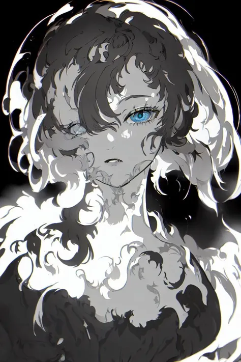masterpiece, yoneyama_mai, 1girl, solo, looking at viewer, short hair, blue eyes, glowing eye, simple background, monochrome, upper body, flower, greyscale, parted lips, blurry, eyelashes, half-closed eyes, black background, one eye covered, (chromatic aberration),<lora:yoneyama_mai-50:1>,