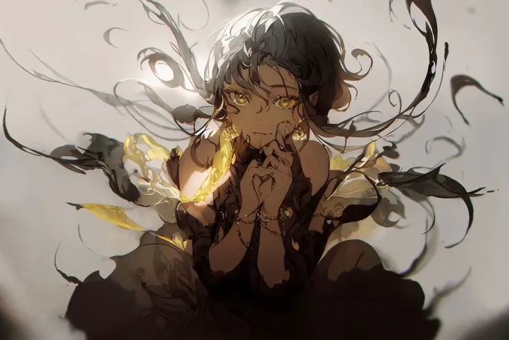 masterpiece,<lora:yoneyama_mai-50:1>,
yoneyama_mai, 1girl, solo, long hair, looking at viewer, bangs, black hair, dress, bare shoulders, jewelry, yellow eyes, earrings, wings, pointy ears, nail polish, blurry, black dress, bracelet, eyelashes, floating hair, depth of field, bridal gauntlets, backlighting, yellow theme, transparent wings