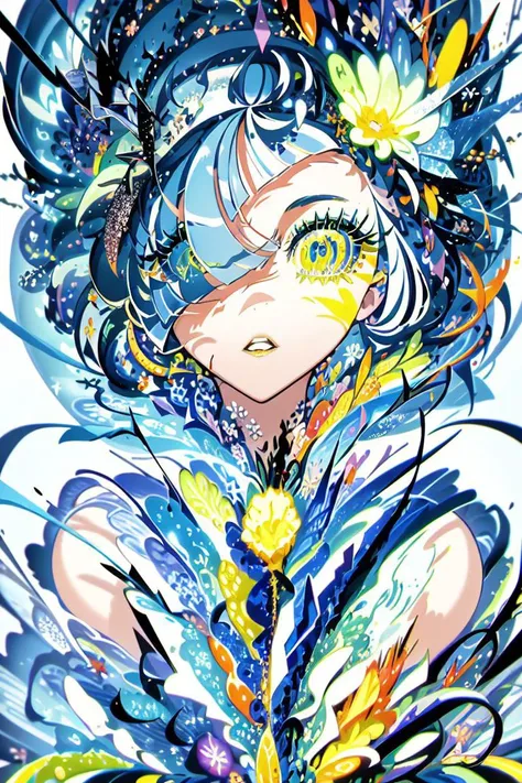 masterpiece,yoneyama_mai, 1girl, solo, looking at viewer, black hair, hair ornament, blue hair, yellow eyes, upper body, flower, white hair, multicolored hair, parted lips, hair flower, hair over one eye, eyelashes, one eye covered, multicolored eyes,crystal, crack, shards, (surreal, abstract:1.5)
<lora:yoneyama_mai-50:1>
