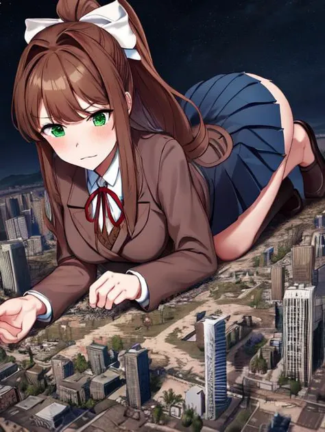 monika, bangs, very long hair, long hair, neck ribbon, ponytail, shirt, school uniform, hair bow, white bow, pleated skirt, brown hair, grey jacket, sidelocks, solo, blush, blue skirt, skirt, 1girl, breasts, blazer, green eyes, medium breasts,
detailed eyes, deep eyes, beautiful green eyes, glowing green eyes, evil, evil grin, symmetrical eyes, symmetrical face, perfect arms, perfect hands, perfect face, perfect legs, <lora:Monika:0.6>,
full body, full body shot
walking,
blushing, horny, aroused, extremely detailed CG unity 8k wallpaper, best quality,32k,focus sharp, <lora:more_details:0.2>, sharp eyes, detailed eyes, symmetrical eyes, symmetrical face,
full body, narrow eyes, looking down, looking at the ground, unamused <lora:giantess:1>, night, night sky, lying on side, city, giga giantess, gts, giantess laying on a cityscape, destruction, rampage, huge craters, ravines, cracks in the ground, earthquake, smoke, fire, destroyed city, ruins, rubble, debris, crumbling, destroyed buildings, knocked over buildings, toppled skyscrapers, crumbling buildings, falling buildings, rampage in the city, destruction in the city destroyed cityscape