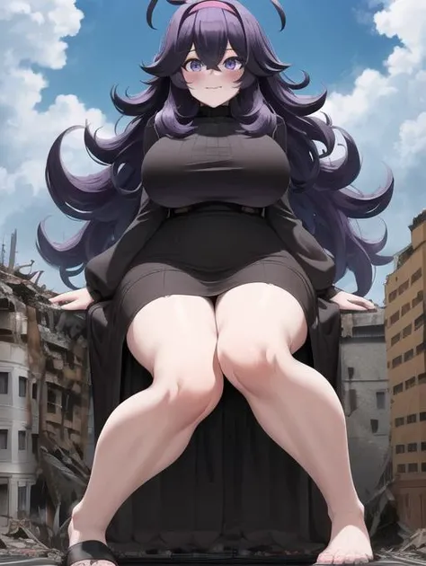 masterpiece, best quality, highres, aahex, hex maniac \(pokemon\), long hair, ahoge, purple hairband, purple eyes, @_@, large breasts, long dress, black dress, long sleeves, wavy mouth, <lora:hex_maniac_v1:0.7>, blush
nsfw, full body, ((best quality)), ((highly detailed)), masterpiece, ((official art)), (detailed eyes, deep eyes), (1girl:1.33, solo), full body, narrow eyes, symmetrical eyes, symmetrical face, perfect arms, perfect hands, perfect face, perfect legs, perfect feet, <lora:more_details:0.7>,
ground view, from below, groundview:1.5, low angle,
sitting, buildingseat, sitting on a building,
full body shot, zoomed out, distant view, ground view, from below, groundview, low angle, leaning forward, hands on buildings, looming, perspective, looking down, looking at the ground,
destroying buildings, looming, perspective, looking down, looking at the ground
<lora:giantess:1>, blue sky, city, giantess, gts, giantess destroying a city, destruction, rampage, huge craters, ravines, cracks in the ground, earthquake, smoke, fire, destroyed city, ruins, rubble, debris, crumbling, destroyed buildings, knocked over buildings, toppled skyscrapers, crumbling buildings, falling buildings, rampage in the city, destruction in the city