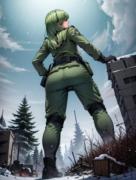 masterpiece, best quality, mgssniperwolf, glowing blue eyes, hair over one eye, green jacket,, belt, green pants, fingerless gloves, snow, boreal forest, blank expression, unamused, <lora:sniperwolf-nvwls-v2:0.7>
<lora:ThickerLines_RM_v1:0.5>
near a military base, rear view, bent over, leaning forward, bending over, back view, big butt, low angle, from below, ground view, groundview, hands on knees,
destroying buildings, looming, perspective , looking down:1.5, looking at the ground, <lora:giantess:1>, ((military base)), giga giantess, gts, giantess destroying a forest, destruction, rampage, huge craters, ravines, cracks in the ground, earthquake, smoke, fire, ruins, rubble, debris, crumbling,