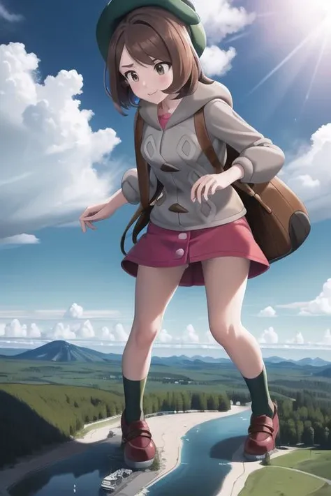 masterpiece, best quality, highres, gloria1, 1girl, gloria \(pokemon\), brown hair, solo, backpack, brown eyes, tam o' shanter, grey cardigan, pink dress, short hair, green socks, socks, brown bag, bob cut, bangs, long sleeves, collared dress, <lora:gloria_(pokemon)_v1:0.6>,
masterpiece, best quality, <lora:giantess:1>, mountain range
destruction, craters
GTSGiga, size difference, giga giantess, 1girl, solo, giga giantess kneeling over a mountain:1.5, giga giantess looming over a tiny mountain, legs spread:1.5, , blue sky, looking down, outdoors, (gts:1.2), (in distance:1.2), standing, highres, detailed eyes, perfect eyes, beautiful eyes, perfect face, distant view, full body
BREAK (16k, highres, high quality, masterpiece, ultra detailed, perfect lighting:1.1), 1girl,