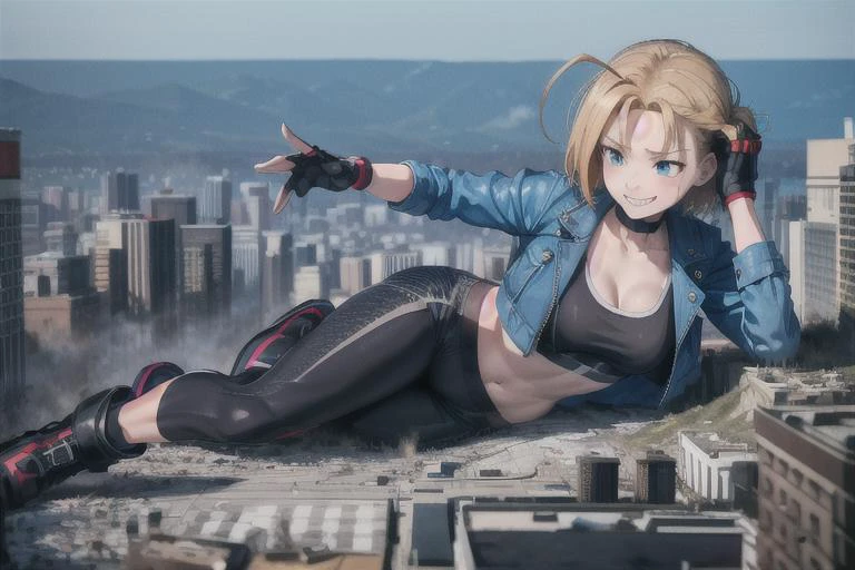 masterpiece, best quality, highres, 1girl, cammy white, short hair, antenna hair, blue eyes, scar on cheek, large breasts, black choker, collarbone, blue jacket, cropped jacket, open jacket, sports bra, midriff, fingerless gloves, black gloves, black pants, <lora:cammy_white_v1:0.7>,
looking down, smiling, evil grin, narrow eyes, sadistic eyes, yandere eyes
<lora:giantess:1>, lying on side, city, giga giantess, gts, giantess laying on a cityscape, destruction, rampage, huge craters, ravines, cracks in the ground, earthquake, smoke, fire, destroyed city, ruins, rubble, debris, crumbling, destroyed buildings, knocked over buildings, toppled skyscrapers, drumbling buildings, falling buildings, rampage in the city, destruction in the city
destroyed cityscape
<lora:soine:0.5>, soine, lying, on side,