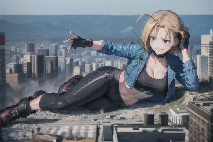 masterpiece, best quality, highres, 1girl, cammy white, short hair, antenna hair, blue eyes, scar on cheek, large breasts, black choker, collarbone, blue jacket, cropped jacket, open jacket, sports bra, midriff, fingerless gloves, black gloves, black pants, <lora:cammy_white_v1:0.7>, 
looking down, smiling, evil grin, narrow eyes, sadistic eyes, yandere eyes
<lora:giantess:1>, lying on side, city, giga giantess, gts, giantess laying on a cityscape, destruction, rampage, huge craters, ravines, cracks in the ground, earthquake, smoke, fire, destroyed city, ruins, rubble, debris, crumbling, destroyed buildings, knocked over buildings, toppled skyscrapers, drumbling buildings, falling buildings, rampage in the city, destruction in the city
destroyed cityscape
<lora:soine:0.5>, soine, lying, on side,