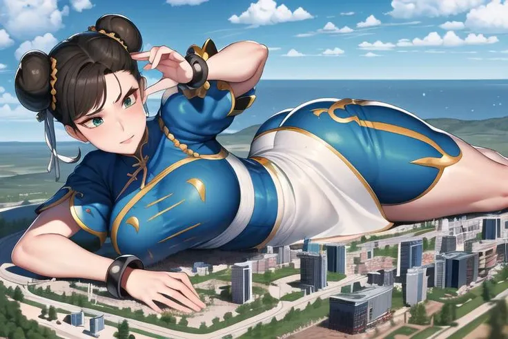 ((masterpiece,best qualtiy)),<lora:ChunLi_v1:0.4>,1girl,solo,ChunLi,beautiful, masterpiece, best quality, extremely detailed face, perfect lighting, 1girl, chunlims, hair bun, double bun, eyeshadow, makeup, blue chinese clothes, pelvic curtain, solo, dress, bracelet, ribbon, pants, blue pants, short sleeves, symmetrical face, symmetrical eyes
wide hips, thick thighs, huge thighs, huge butt, <lora:chun-li-10:0.4>
looking down:1.5, looking at the ground, unamused, green eyes,
<lora:giantess:1>, blue sky, lying on side, city, giga giantess, gts, giantess laying on a cityscape, destruction, rampage, huge craters, ravines, cracks in the ground, earthquake, smoke, fire, destroyed city, ruins, rubble, debris, crumbling, destroyed buildings, knocked over buildings, toppled skyscrapers, crumbling buildings, falling buildings, rampage in the city, destruction in the city
destroyed cityscape