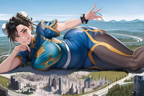 ((masterpiece,best qualtiy)),<lora:ChunLi_v1:0.8>,1girl,solo,ChunLi,beautiful, masterpiece, best quality, extremely detailed face, perfect lighting, 1girl, <lora:Chunli:1>, chunlims, hair bun, double bun, eyeshadow, makeup, blue chinese clothes, pelvic curtain, solo, dress, bracelet, ribbon, pants, blue pants, makeup, short sleeves, wide hips, thick thighs
wide hips, thick thighs, huge thighs, huge butt, <lora:chun-li-10:0.4>
looking down:1.5, looking at the ground, smiling, evil grin, narrow eyes, beautiful green eyes, detailed green eyes
<lora:giantess:1>, blue sky, lying on side, city, giga giantess, gts, giantess laying on a cityscape, destruction, rampage, huge craters, ravines, cracks in the ground, earthquake, smoke, fire, destroyed city, ruins, rubble, debris, crumbling, destroyed buildings, knocked over buildings, toppled skyscrapers, crumbling buildings, falling buildings, rampage in the city, destruction in the city
destroyed cityscape
<lora:soine:0.7>, soine, lying, on side,