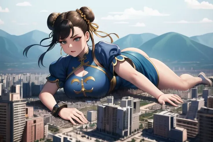 ((masterpiece,best qualtiy)),<lora:ChunLi_v1:0.4>,1girl,solo,ChunLi,beautiful, masterpiece, best quality, extremely detailed face, perfect lighting, 1girl, chunlims, hair bun, double bun, eyeshadow, makeup, blue chinese clothes, pelvic curtain, solo, dress, bracelet, ribbon, pants, blue pants, short sleeves, symmetrical face, symmetrical eyes
wide hips, thick thighs, huge thighs, huge butt, <lora:chun-li-10:0.4>
looking down:1.5, looking at the ground, unamused, green eyes,
<lora:giantess:1>, blue sky, lying on side, city, giga giantess, gts, giantess laying on a cityscape, destruction, rampage, huge craters, ravines, cracks in the ground, earthquake, smoke, fire, destroyed city, ruins, rubble, debris, crumbling, destroyed buildings, knocked over buildings, toppled skyscrapers, crumbling buildings, falling buildings, rampage in the city, destruction in the city
destroyed cityscape