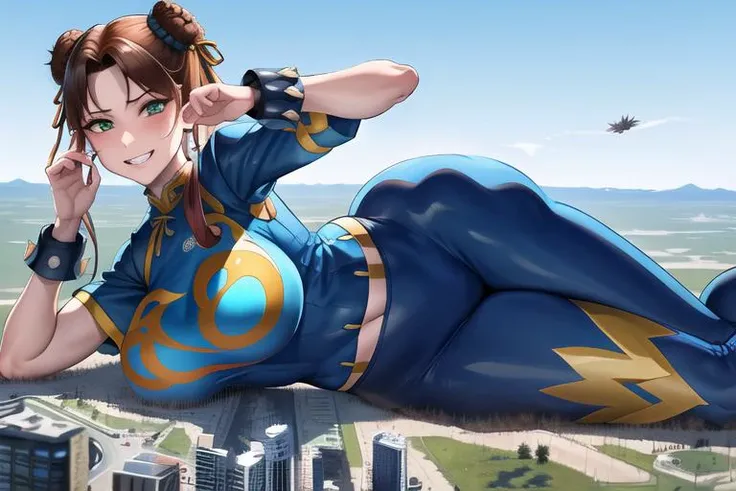 1girl, detailed pupils, thick thighs, muscular legs, sweating, 4k, ambient lighting, abs, underboob, chunli_alpha,makeup, chinese clothes, pelvic curtain, solo, dress, bracelet, ribbon, pants, blue pants, makeup, short sleeves, wide hips, thick thighs, huge thighs, huge butt, <lora:ChunLi_v1:0.3>
looking down:1.5, looking at the ground, smiling, evil grin, narrow eyes, beautiful green eyes, detailed green eyes
<lora:giantess:1>, blue sky, lying on side, city, giga giantess, gts, giantess laying on a cityscape, destruction, rampage, huge craters, ravines, cracks in the ground, earthquake, smoke, fire, destroyed city, ruins, rubble, debris, crumbling, destroyed buildings, knocked over buildings, toppled skyscrapers, crumbling buildings, falling buildings, rampage in the city, destruction in the city
destroyed cityscape
<lora:soine:0.5>, soine, lying, on side,