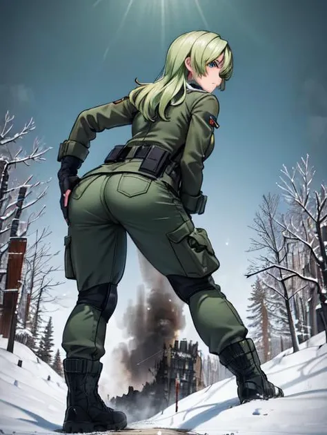 masterpiece, best quality, mgssniperwolf, glowing blue eyes, hair over one eye, green jacket,, belt, green pants, fingerless gloves, snow, boreal forest, blank expression, unamused, <lora:sniperwolf-nvwls-v2:0.7>
<lora:ThickerLines_RM_v1:0.5>
near a military base, rear view, bent over, back view, big butt
destroying buildings, looming, perspective , looking down:1.5, looking at the ground, <lora:giantess:1>, ((military base)), giga giantess, gts, giantess destroying a forest, destruction, rampage, huge craters, ravines, cracks in the ground, earthquake, smoke, fire, ruins, rubble, debris, crumbling,