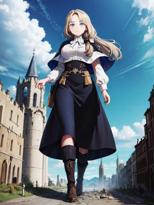 masterpiece, best quality, defMercedes, capelet, hair bow, white shirt, black skirt, blue leggings, upper body, walking, large breasts, cathedral, sky, cloud, outdoors, beautiful blue eyes, detailed blue eyes, boots, leggings, <lora:mercedes-nvwls-v2-final:0.7> , giantess, GTS, giantess walking through a tiny castle, destroyed castle, rubble, debris, <lora:giantess:0.8>, own hands together, stone ground, full body view, full body, looking down, rampage, destruction, tiny civilians, surrounded by people, low angle, from below, groundview, ground view, medieval, fantasy village,