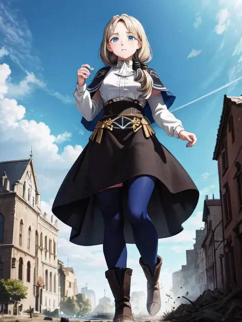 masterpiece, best quality, defMercedes, capelet, hair bow, white shirt, black skirt, blue leggings, upper body, walking, large breasts, cathedral, sky, cloud, outdoors, beautiful blue eyes, detailed blue eyes, boots, leggings, <lora:mercedes-nvwls-v2-final:0.7>  , giantess, GTS, giantess walking through a tiny castle, destroyed castle, rubble, debris, <lora:giantess:0.8>, own hands together, stone ground, full body view, full body, looking down, rampage, destruction, tiny civilians, surrounded by people, low angle, from below, groundview, ground view, medieval, fantasy village,