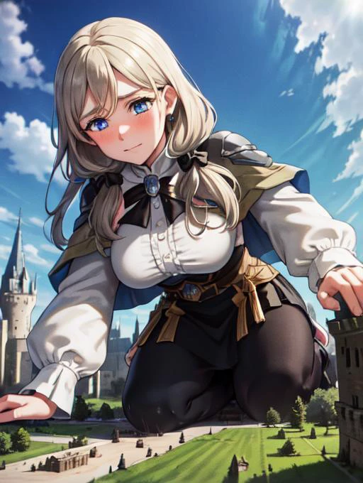 masterpiece, best quality, defMercedes, capelet, hair bow, white shirt, black skirt, blue leggings, large breasts, cathedral, sky, cloud, outdoors, beautiful blue eyes, detailed blue eyes, thick eyelashes, <lora:mercedes-nvwls-v2-final:0.7>, blushing, nervous, giantess, GTS, (crawling over castles, crawling:1.3), on all fours:1.5, looking down at viewer, destroyed castle, rubble, debris, <lora:giantess:0.8>, stone ground, looking down, destruction, tiny civilians, surrounded by people, low angle, from below, groundview, ground view, medieval village, fantasy village, castle gate, drawbridge,