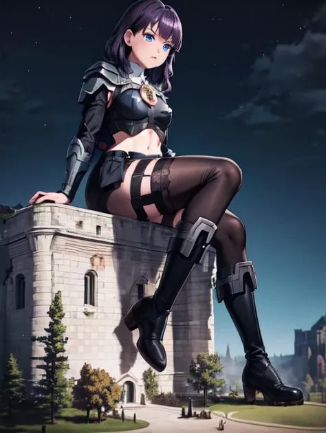 masterpiece, realistic, high quality, fembyleth, detached collar, black crop top, breastplate, belt, short shorts, gauntlets, patterned pantyhose, high heel boots, thighs, deep blue eyes, beautiful blue eyes, thick eyelashes, <lora:byleth-nvwls-v2:0.7> , toned, dark purple hair, embarrassed, blushing, aroused, horny
extremely detailed CG unity 8k wallpaper, best quality,32k ,focus sharp, night sky, night time, destroying a smallcathedral, detailed skin, knees together feet apart, 1girl, solo, sitting, buildingseat, building seat, sitting on a small cathedral, ground view, from below, groundview, low angle, sitting, destroying a small cathedral, looming, perspective , looking down:1.5, looking at the ground, <lora:giantess:1>, city, giga giantess, gts, giantess destroying a castle, destruction, rampage, huge craters, ravines, cracks in the ground, earthquake, destroyed castle, ruins, rubble, debris, crumbling, <lora:ThickerLines_RM-128_v1:0.3>, zoomed out, distant view, full body,