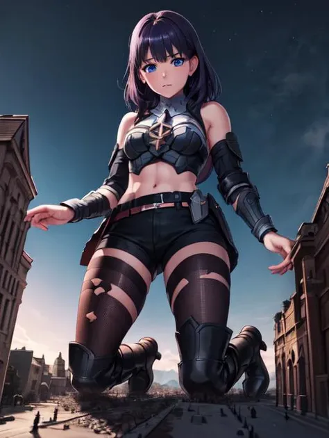 masterpiece, realistic, high quality, fembyleth, detached collar, black crop top, breastplate, belt, short shorts, gauntlets, patterned pantyhose, high heel boots, thighs, deep blue eyes, beautiful blue eyes, thick eyelashes, <lora:byleth-nvwls-v2:0.7> , toned, dark purple hair, embarrassed, blushing, aroused, horny
extremely detailed CG unity 8k wallpaper, best quality,32k ,focus sharp, night sky, night time, destroying a smallcathedral, detailed skin, 1girl, solo, crawling, on all fours, crawling over a small cathedral, ground view, from below, groundview, low angle, hand on a building, destroying a small cathedral, looming, perspective, looking down:1.5, looking at the ground, <lora:giantess:1>, city, giga giantess, gts, giantess destroying a castle, destruction, rampage, huge craters, ravines, cracks in the ground, earthquake, destroyed castle, ruins, rubble, debris, crumbling, <lora:ThickerLines_RM-128_v1:0.3>, zoomed out, distant view, full body,