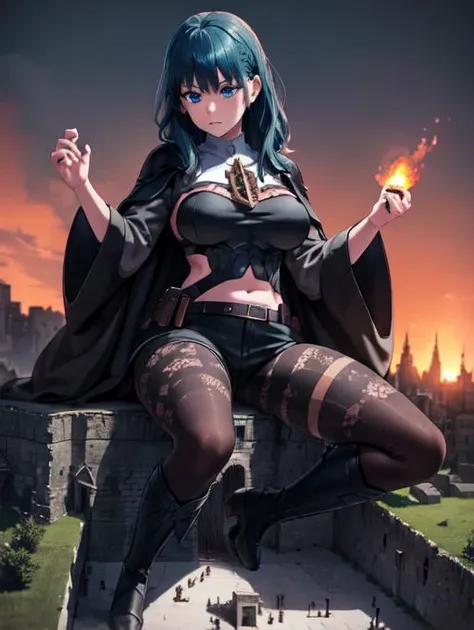 masterpiece, realistic, high quality, fembyleth, detached collar, black cape, black crop top, breastplate, huge breasts, belt, short shorts, gauntlets, patterned pantyhose, high heel boots, deep blue eyes, beautiful blue eyes, thick eyelashes, <lora:byleth-nvwls-v2:0.7> , toned,
extremely detailed CG unity 8k wallpaper, best quality,32k ,focus sharp, night sky, night time, destroying a small cathedral, detailed skin, kneeling, spread legs, 1girl, solo, sitting, buildingseat, building seat, sitting on a small cathedral, ground view, from below, groundview, low angle, sitting, destroying a small cathedral, looming, perspective ,<lora:giantess:1>, city, giga giantess, gts, giantess destroying a small castle, destruction, rampage, huge craters, ravines, cracks in the ground, earthquake, smoke, fire, destroyed castle, ruins, rubble, debris, crumbling, <lora:ThickerLines_RM-128_v1:0.3>, zoomed out, distant view, full body,