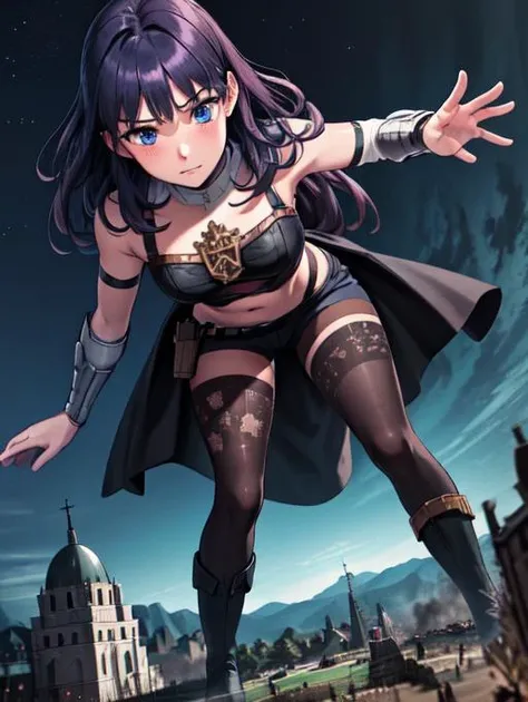 masterpiece, realistic, high quality, fembyleth, detached collar, black crop top, breastplate, belt, short shorts, gauntlets, patterned pantyhose, high heel boots, thighs, deep blue eyes, beautiful blue eyes, thick eyelashes, <lora:byleth-nvwls-v2:0.7> , toned, dark purple hair, embarrassed, blushing, aroused, horny
extremely detailed CG unity 8k wallpaper, best quality,32k ,focus sharp, night sky, night time, destroying a smallcathedral, detailed skin, 1girl, solo, standing, bent over, looming over a small cathedral, ground view, from below, groundview, low angle, hand on a building, destroying a small cathedral, looming, perspective, looking down:1.5, looking at the ground, <lora:giantess:1>, city, giga giantess, gts, giantess destroying a castle, destruction, rampage, huge craters, ravines, cracks in the ground, earthquake, destroyed castle, ruins, rubble, debris, crumbling, <lora:ThickerLines_RM-128_v1:0.3>, zoomed out, distant view, full body,