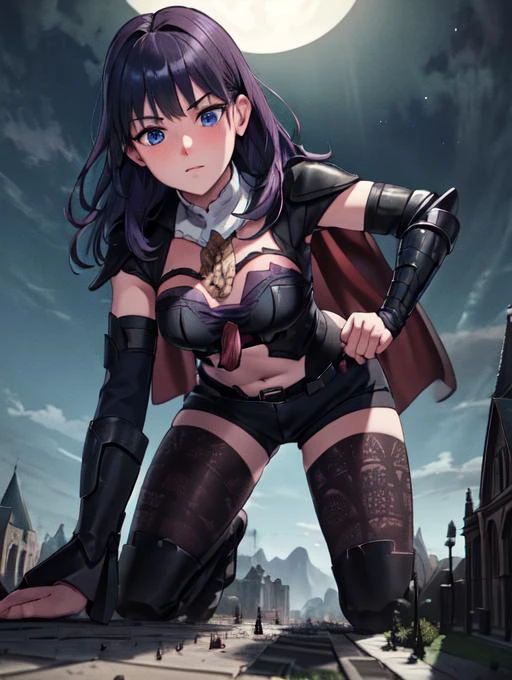 masterpiece, realistic, high quality, fembyleth, detached collar, black cape, tassel, black crop top, breastplate, belt, short shorts, gauntlets, patterned pantyhose, high heel boots, thighs, deep blue eyes, beautiful blue eyes, thick eyelashes, <lora:byleth-nvwls-v2:0.7> , toned, dark purple hair, embarrassed, blushing, aroused, horny
extremely detailed CG unity 8k wallpaper, best quality,32k ,focus sharp, night sky, night time, destroying a smallcathedral, detailed skin, 1girl, solo, crawling, bent over, ((on all fours)), crawling over a small cathedral, ground view, from below, groundview, low angle, destroying a small cathedral, looming, perspective, looking down:1.5, looking at the ground, <lora:giantess:1>, city, giga giantess, gts, giantess destroying a castle, destruction, rampage, huge craters, ravines, cracks in the ground, earthquake, destroyed castle, ruins, rubble, debris, crumbling, <lora:ThickerLines_RM-128_v1:0.3>, zoomed out, distant view, full body,