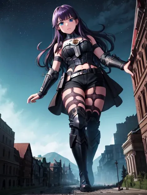 masterpiece, realistic, high quality, fembyleth, detached collar, black crop top, breastplate, belt, short shorts, gauntlets, patterned pantyhose, high heel boots, thighs, deep blue eyes, beautiful blue eyes, thick eyelashes, <lora:byleth-nvwls-v2:0.7> , toned, dark purple hair, embarrassed, blushing, aroused, horny
extremely detailed CG unity 8k wallpaper, best quality,32k ,focus sharp, night sky, night time, destroying a smallcathedral, detailed skin, 1girl, solo, walking, looming over a small cathedral, ground view, from below, groundview, low angle, walking, destroying a small cathedral, looming, perspective , looking down:1.5, looking at the ground, <lora:giantess:1>, city, giga giantess, gts, giantess destroying a castle, destruction, rampage, huge craters, ravines, cracks in the ground, earthquake, destroyed castle, ruins, rubble, debris, crumbling, <lora:ThickerLines_RM-128_v1:0.3>, zoomed out, distant view, full body,