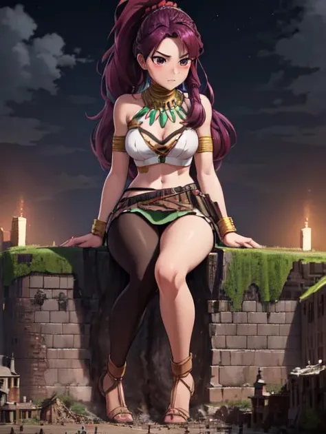masterpiece, 4K, best quality, petra_timeskip, facial marks, long hair, long ponytail, tribal jewelry, brown crop top, sash, purple miniskirt, breasts, cleavage, vambraces, furrowed brow, serious expression,<lora:petra-nvwls-v1-final:0.7>, blushing, narrowed eyes
extremely detailed CG unity 8k wallpaper, best quality, 32k, focus sharp, night sky, night time, destroying a small cathedral, detailed skin, knees together feet apart, 1girl, solo, sitting, buildingseat, building seat, sitting on a cathedral, ground view, from below, groundview, low angle, sitting, destroying a cathedral, looming, perspective , looking down:1.5, looking at the ground, unamused <lora:giantess:1>, city, giga giantess, gts, giantess destroying a castle, destruction, rampage, huge craters, ravines, cracks in the ground, earthquake, fire, destroyed castle, ruins, rubble, debris, crumbling, <lora:ThickerLines_RM-128_v1:0.3>, zoomed out, distant view, full body,