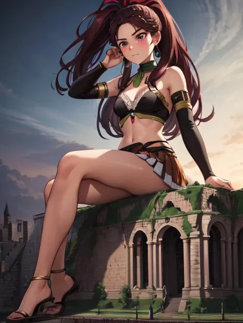 masterpiece, 4K, best quality, petra_timeskip, facial marks, long hair, long ponytail, tribal jewelry, brown crop top, sash, purple miniskirt, breasts, cleavage, vambraces, furrowed brow, serious expression,<lora:petra-nvwls-v1-final:0.7>, blushing, narrowed eyes
extremely detailed CG unity 8k wallpaper, best quality, 32k, focus sharp, night sky, night time, destroying a small cathedral, detailed skin, knees together feet apart, 1girl, solo, sitting, buildingseat, building seat, sitting on a cathedral, ground view, from below, groundview, low angle, sitting, destroying a cathedral, looming, perspective , looking down:1.5, looking at the ground, unamused <lora:giantess:1>, city, giga giantess, gts, giantess destroying a castle, destruction, rampage, huge craters, ravines, cracks in the ground, earthquake, fire, destroyed castle, ruins, rubble, debris, crumbling, <lora:ThickerLines_RM-128_v1:0.3>, zoomed out, distant view, full body,