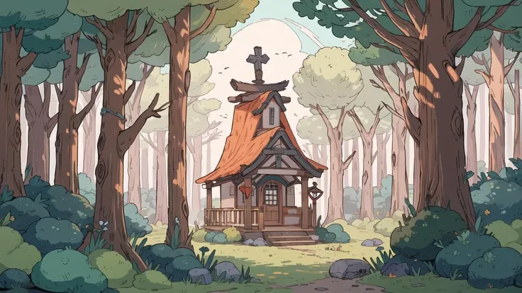 <lora:smr03style:0.6>, <lora:AdventureTime:0.6>, (long shot:1.2), Ultra_details, ,cute comic, only one small retro wooden house with a attic, deep in a beautiful forest, middle medieval period, day, shrine, outdoors, low saturation, no_humans, no_animals