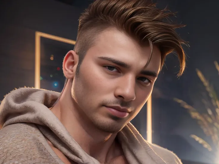 32K, Masterpiece, cinematic lighting, perfect shading, art station enhanced, visually arresting photograph of <lora:jarekwv1:0.95> jarekw, perfect brown hair, fauxhawk, close up, glamour shot, cardigan