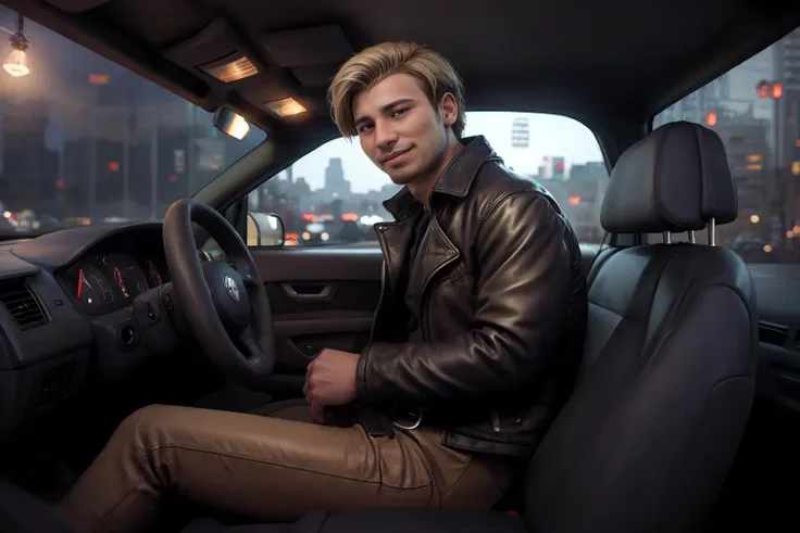 three quarter side view, hyperrealistic, (masterpiece), high details, ultra-realistic, photograph of (<lora:jarekwv1:1> jarekw, solo, short hair, blonde hair, brown eyes, facial hair, realistic, male focus,), sitting in a car interior, behind steering wheel, dashboard, carseat, front seat, looking at viewer, closed mouth, smile, arm on car door, two legs, blurry commercial district background, bokeh, 32k, cinematic, midnight, leather jacket, shirt, belt, slacks, (((SFW))),