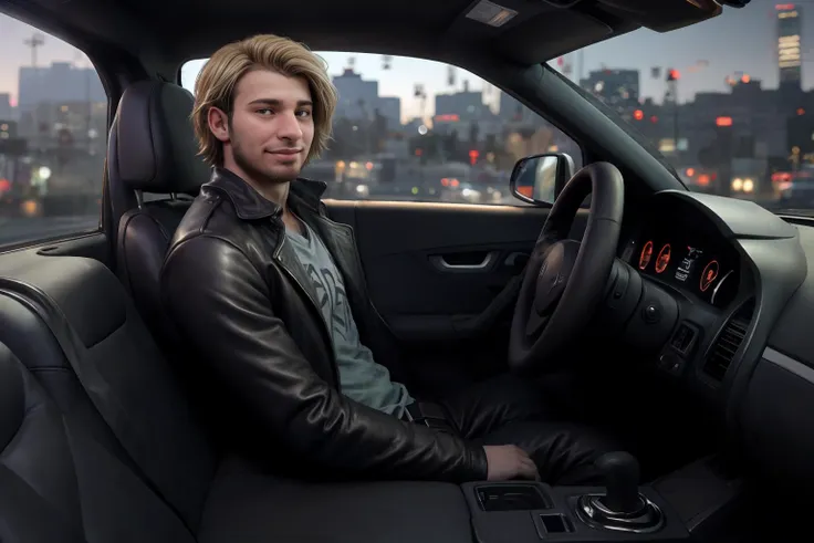 three quarter side view, hyperrealistic, (masterpiece), high details, ultra-realistic, photograph of (<lora:jarekwv1:1> jarekw, solo, short hair, blonde hair, brown eyes, facial hair, realistic, male focus,), sitting in a car interior, behind steering wheel, dashboard, carseat, front seat, looking at viewer, closed mouth, smile, arm on car door, two legs, blurry commercial district background, bokeh, 32k, cinematic, midnight, leather jacket, shirt, belt, slacks, (((SFW))),