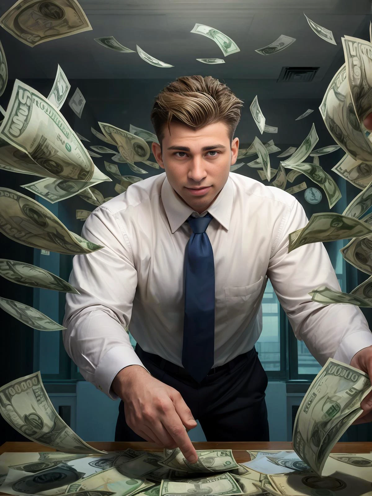32K, Masterpiece, cinematic lighting, perfect shading, art station enhanced, visually arresting photograph of <lora:jarekwv1:0.95> jarekw, as a bank teller, shirt and tie, ((surrounded by falling dollar bills)), close up, glamour shot, ((money bending)), vortex of money, dollar bills falling from sky, money, affluent, wealth, dynamic shot