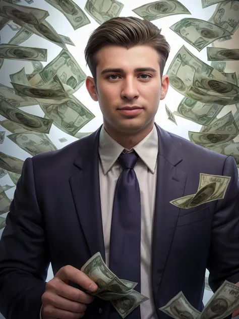 32K, Masterpiece, cinematic lighting, perfect shading, art station enhanced, visually arresting photograph of <lora:jarekwv1:0.95> jarekw, as a bank teller, shirt and tie, ((surrounded by falling dollar bills)), close up, glamour shot, ((money bending)), vortex of money, dollar bills falling from sky, money, affluent, wealth, dynamic shot