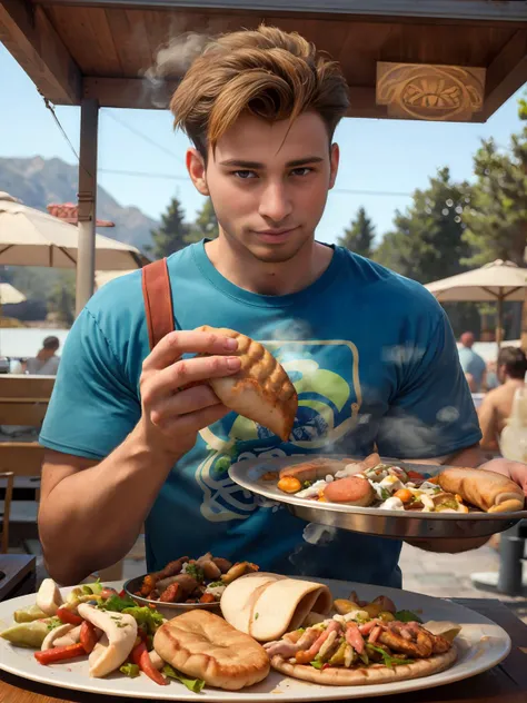 32K, Masterpiece, cinematic lighting, perfect shading, art station enhanced, visually arresting photograph of <lora:jarekwv1:1> jarekw, perfect brown hair, close up, perfect hands, holding gyro, (((beautiful food++))), (steaming hot gyro platter), sniff, t-shirt, daytime, ((lovely++)),