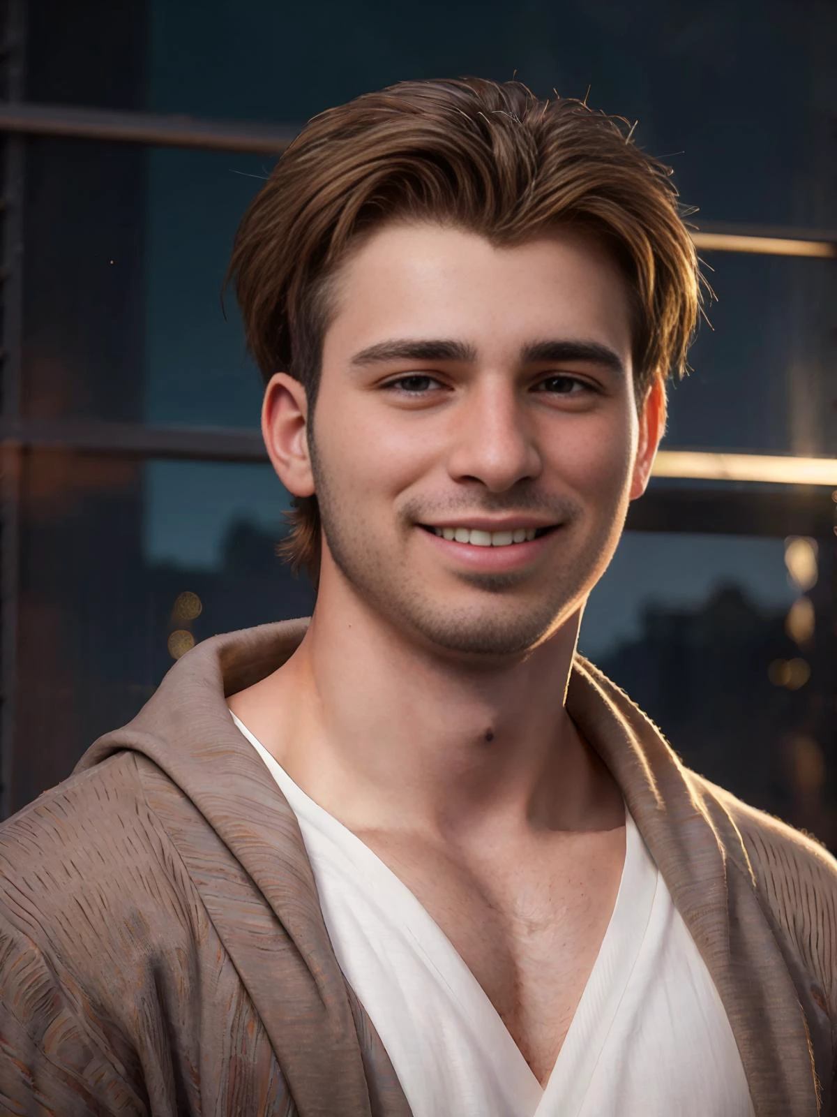 32K, Masterpiece, cinematic lighting, perfect shading, art station enhanced, visually arresting photograph of <lora:jarekwv1:0.95> jarekw, perfect brown hair, close up, smile, glamour shot, cardigan